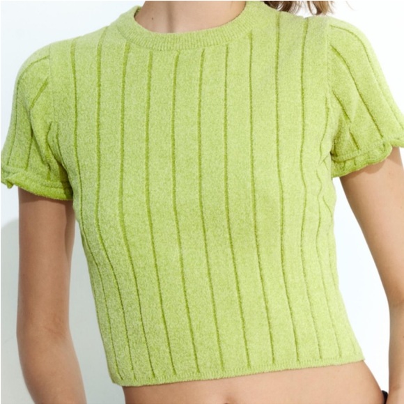 ZARA Ribbed Chenille Crop Top - Light Green - Picture 1 of 6